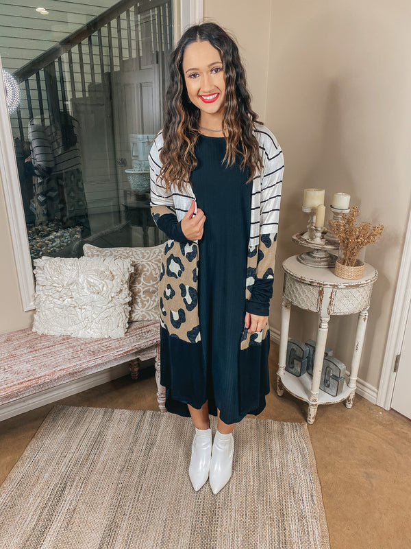 Dewy Morning Striped and Leopard Print Block Cardigan in Black, Ivory, and Taupe