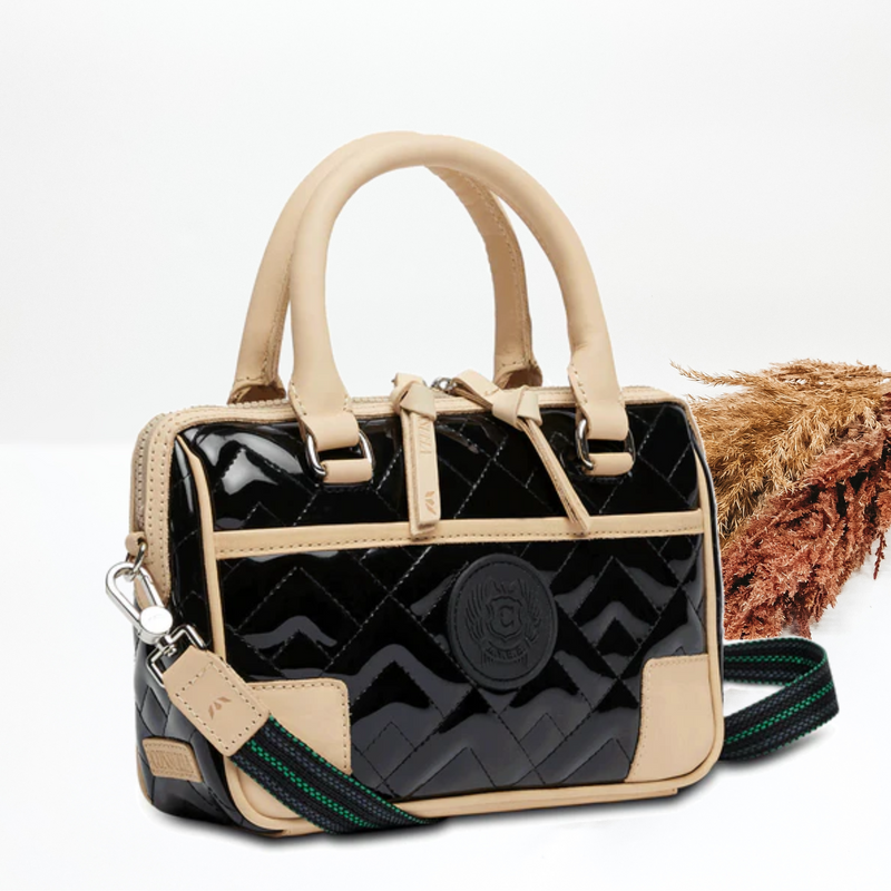 Black, quilted , dome purse with a light tan outline and handles. This purse is pictured on a white background with tan and brown pompous grass on the right side. 