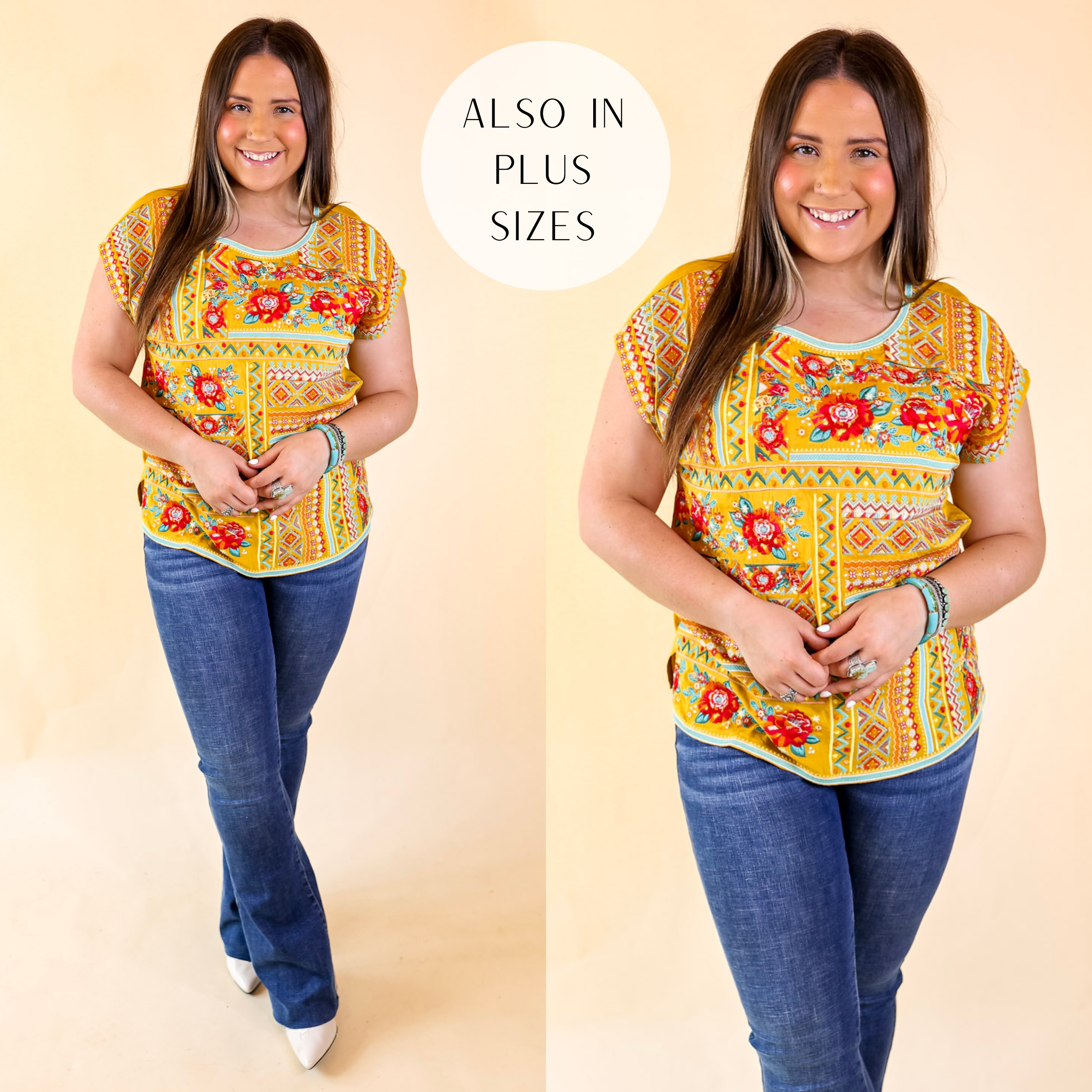 Image of Sonoma Valley Bright Embroidered Short Sleeve Top in Marigold Yellow