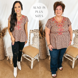 Models are a dusty pink babydoll top with a black dotted print and colorful embroidery. Size small Model has it paired with black jeans and white booties. Plus size model has it paired with bootcut jeans, white sandals, and gold jewelry.