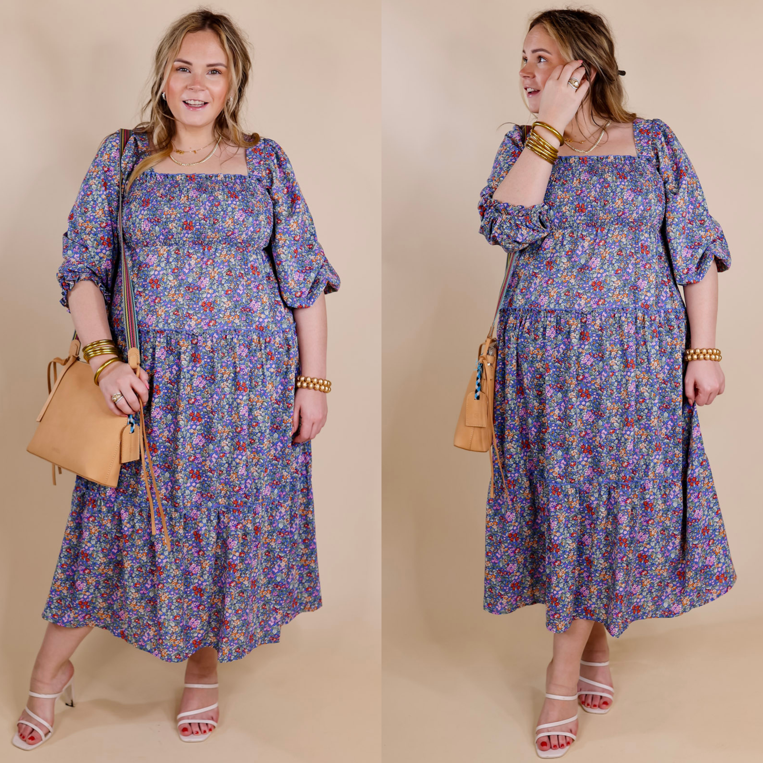 Image of Spring Blooms Smocked Floral Maxi Dress in Blue