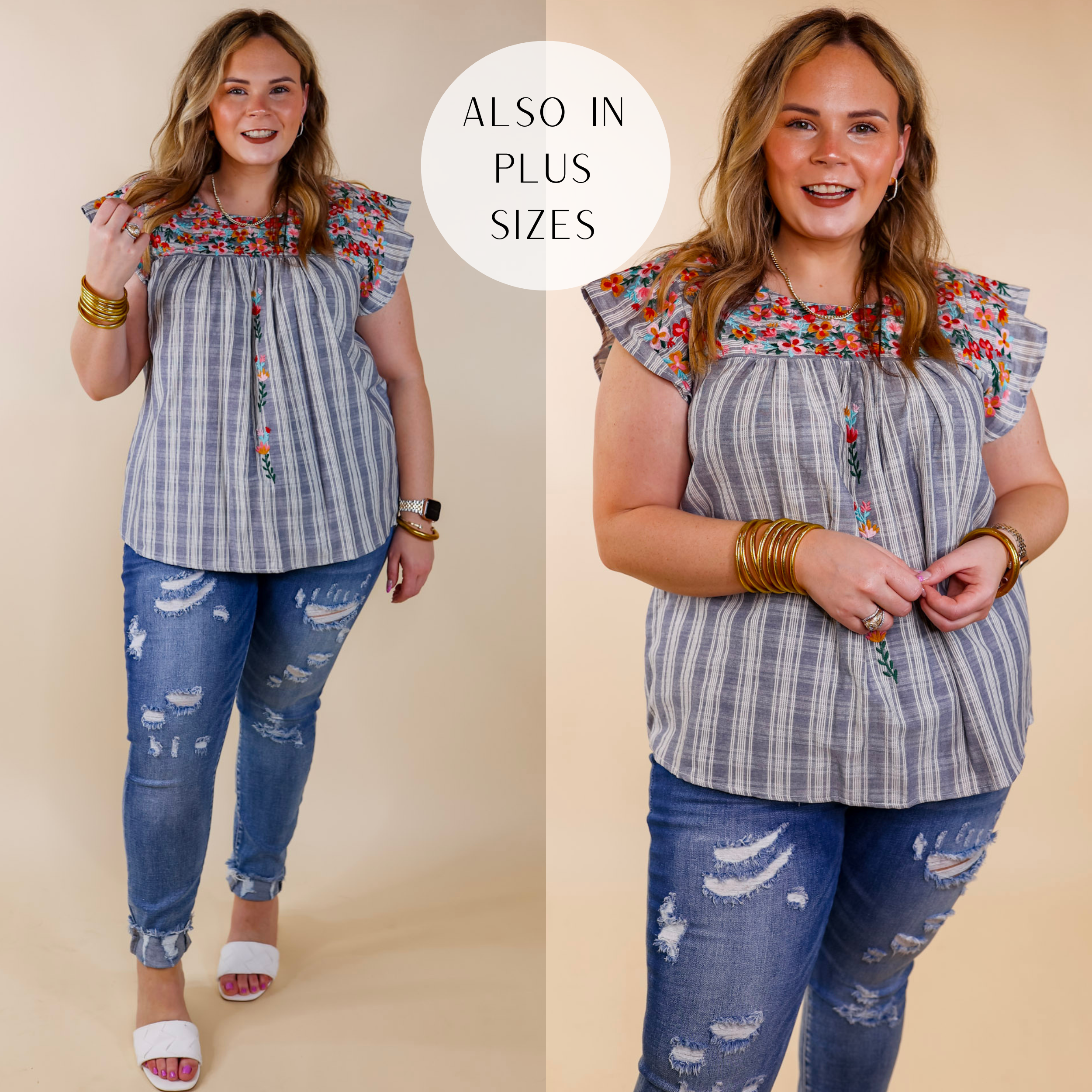 Image of Sweet Success Floral Embroidered Striped Top with Ruffle Cap Sleeves in Dusty Blue