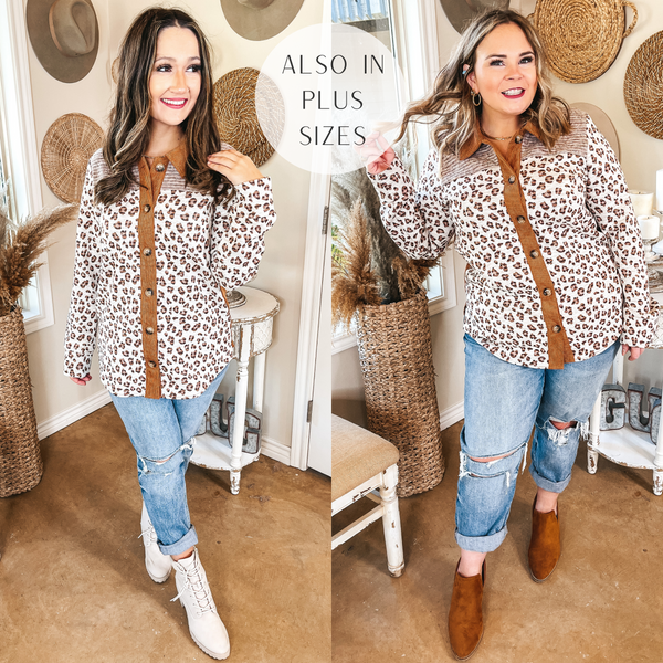 Models are wearing an ivory leopard long sleeve top. Small size model has it paired with boyfriend jeans and lace up booties. Large size model has it paired with brown booties and boyfriend jeans.