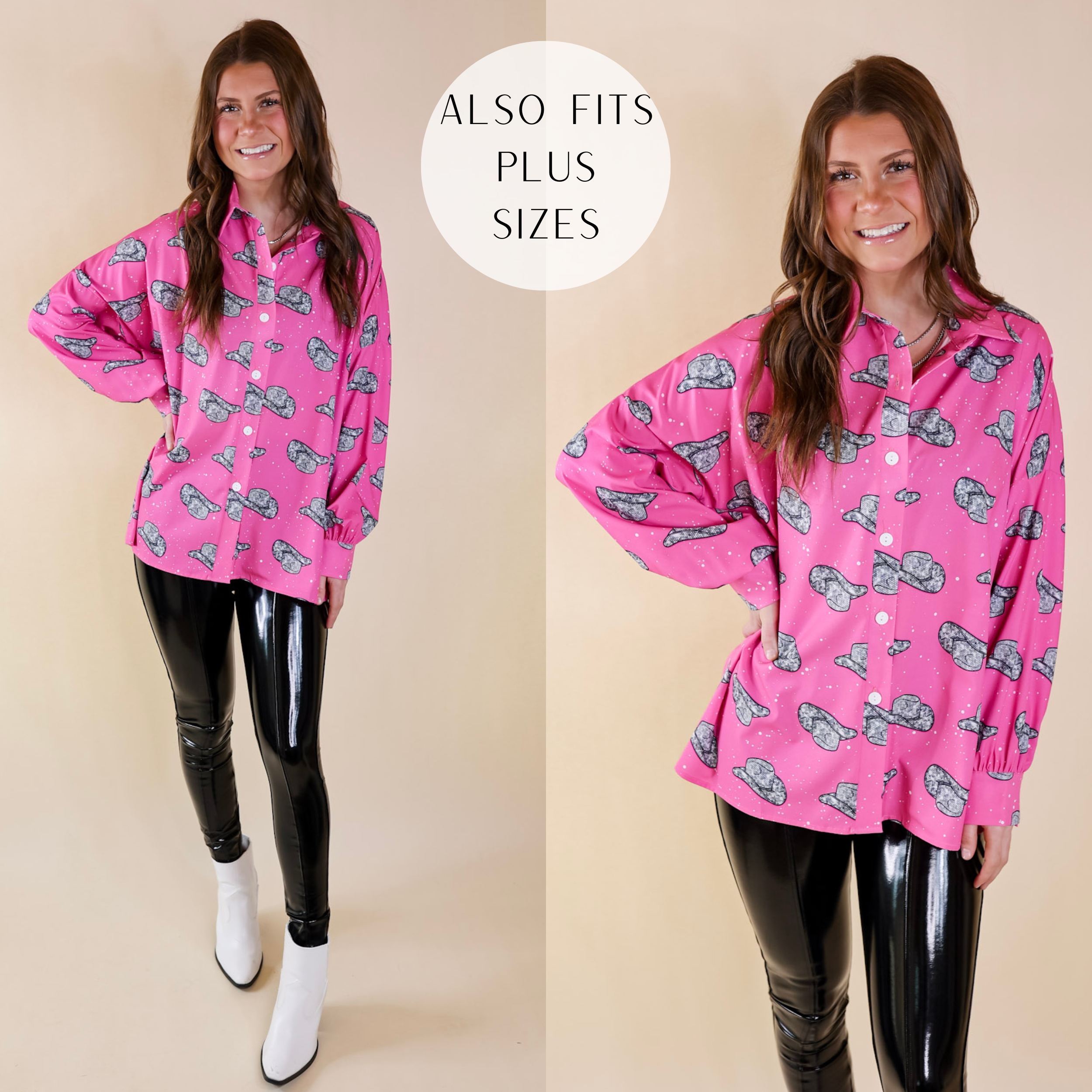 Image of The Cowgirl Way Button Up Disco Cowboy Hat Print Top in Pink