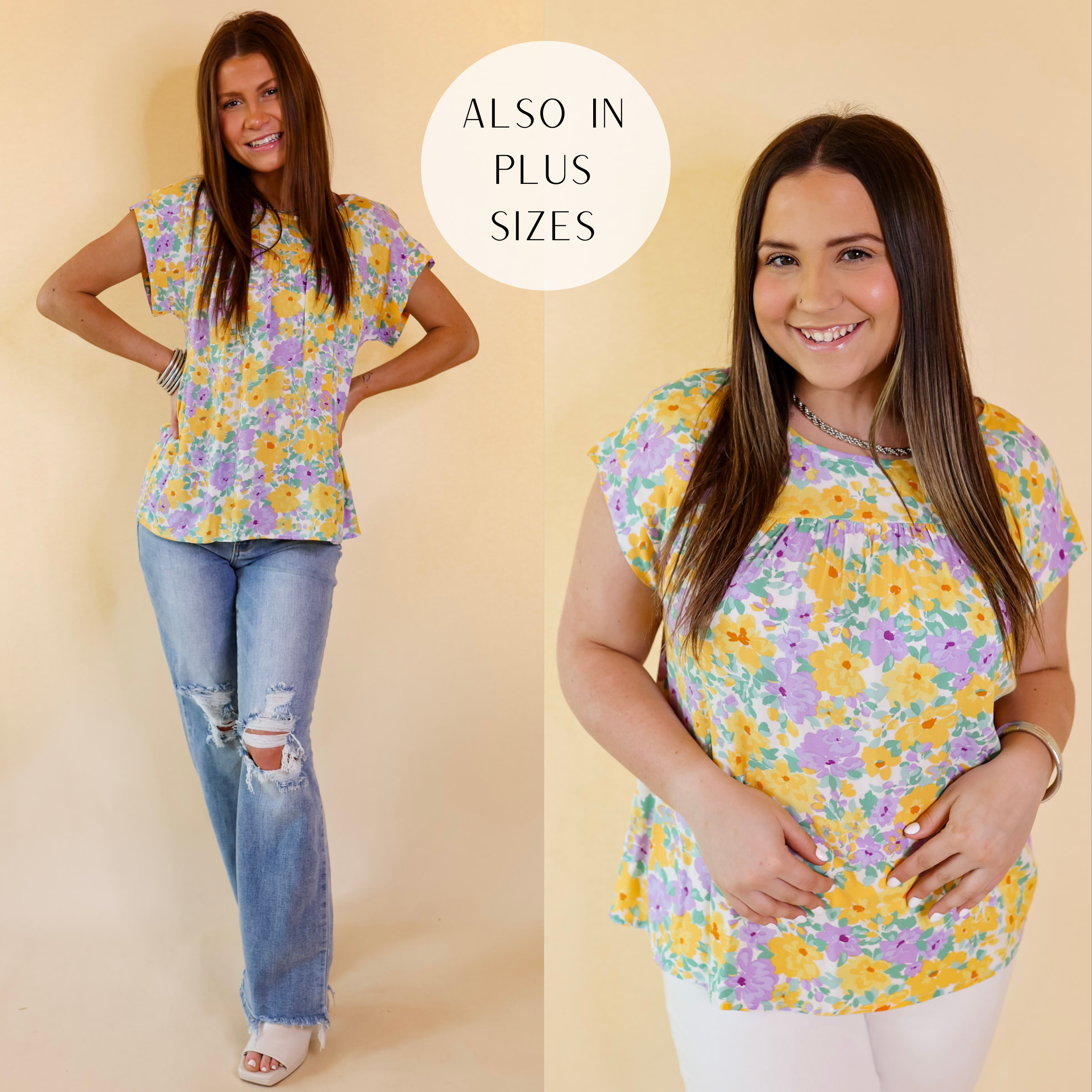Image of Memorable Meeting Floral Top with Short Sleeves in Purple and Yellow