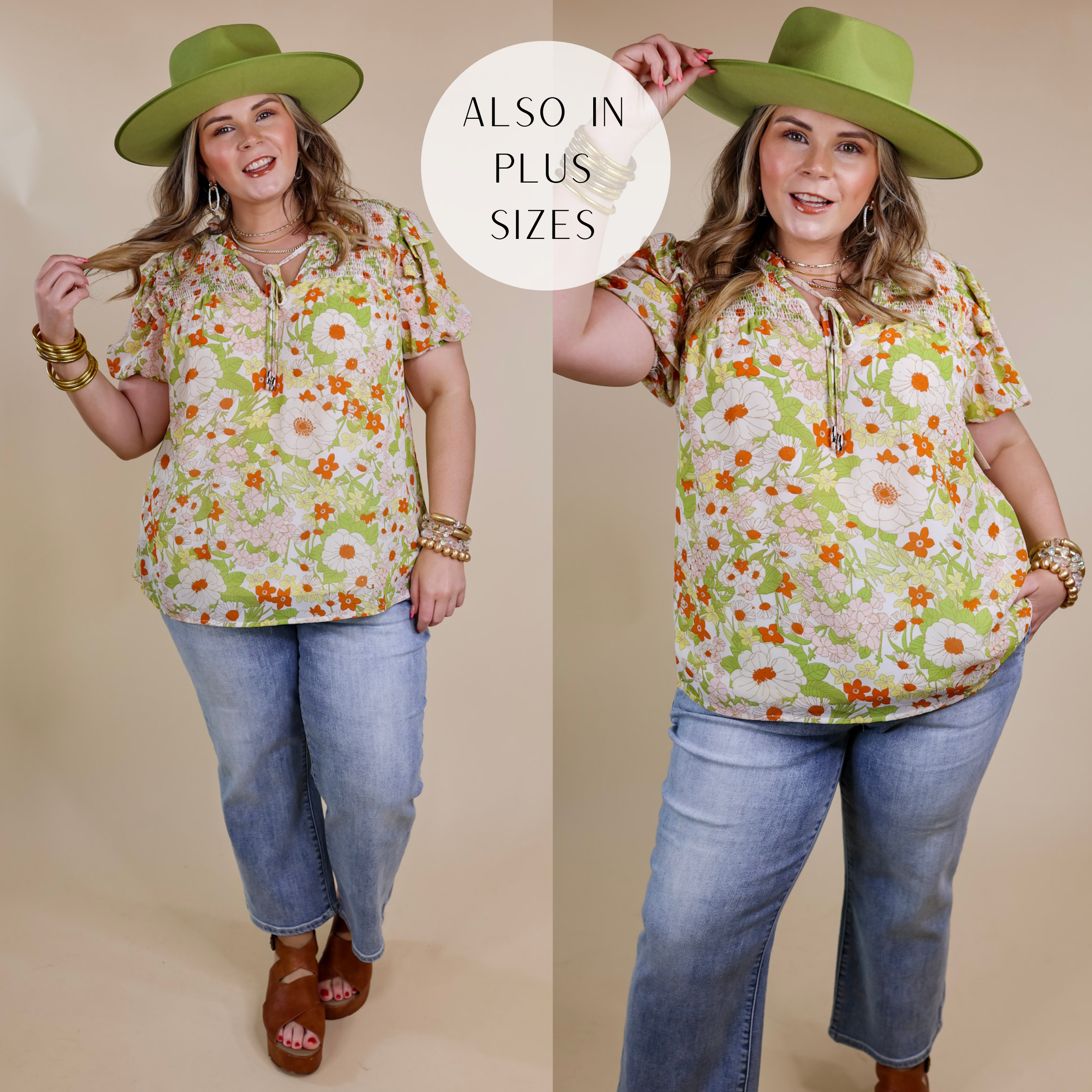 Image of Daily Basis Front Keyhole Floral Top in Ivory and Green