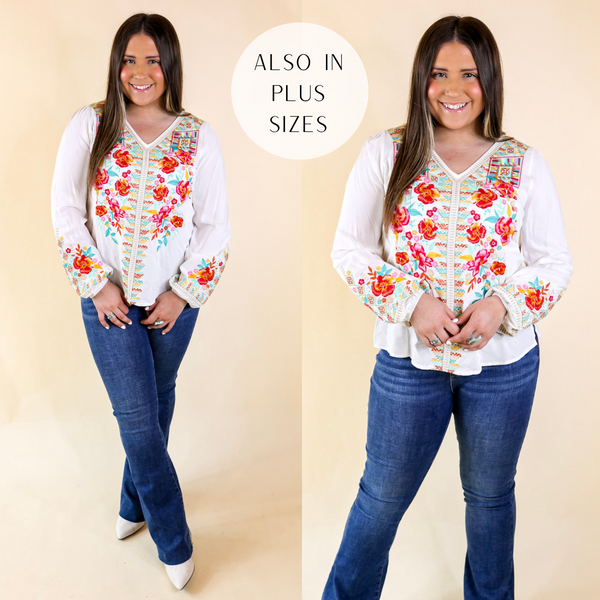 Brunch With Me Long Sleeve Embroidered Top with V Neckline in White