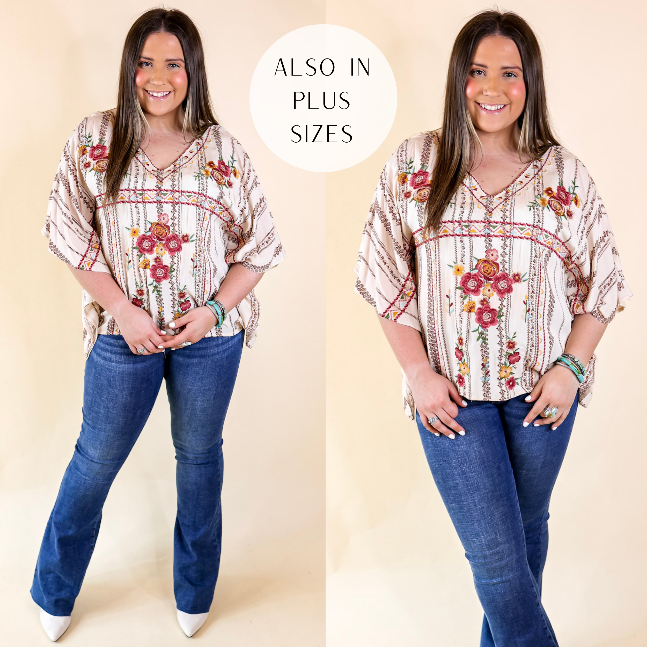 Image of On A High Note Embroidered Poncho Top with V Neck in Ivory