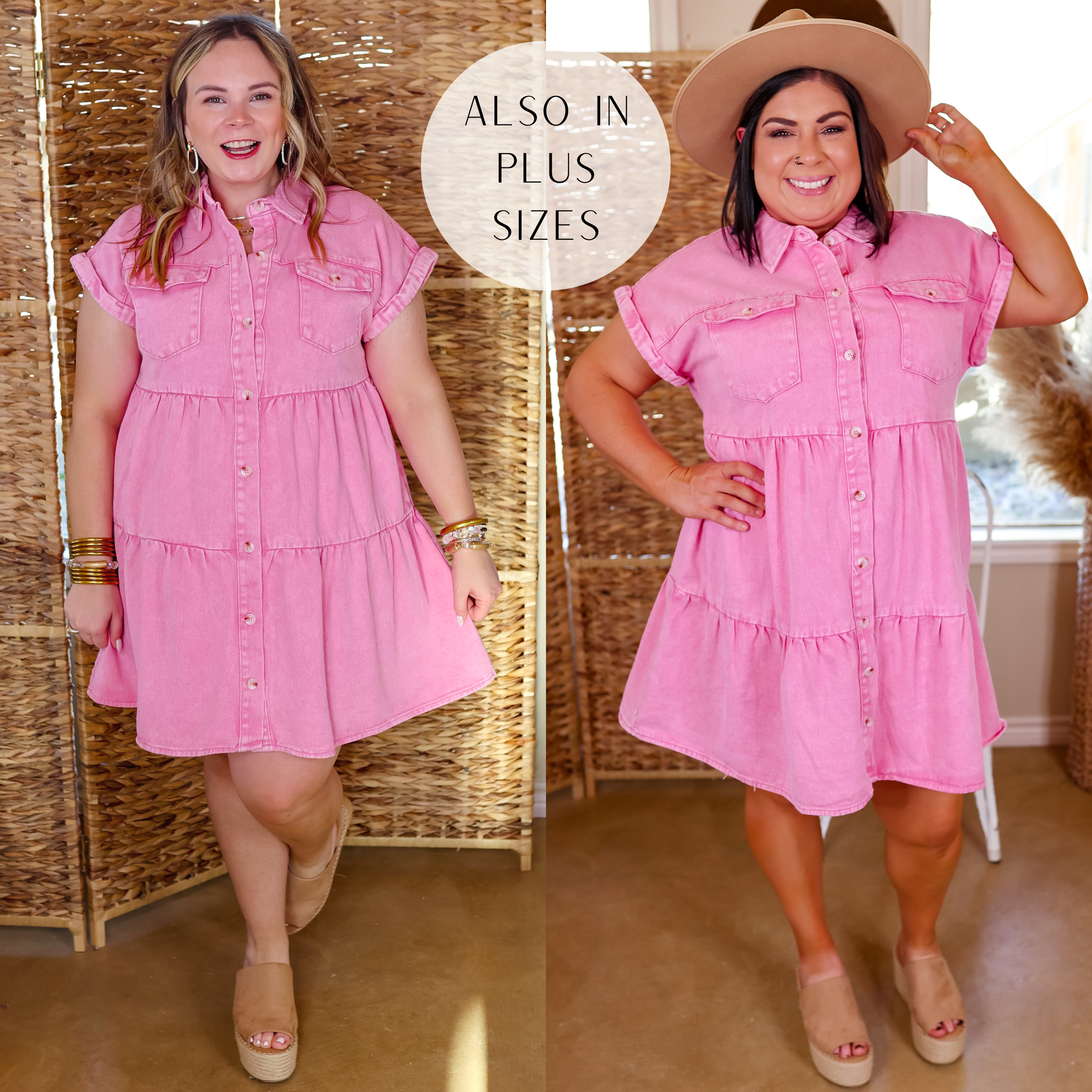 Image of Latest Obsession Button Up Denim Tiered Dress in Pink