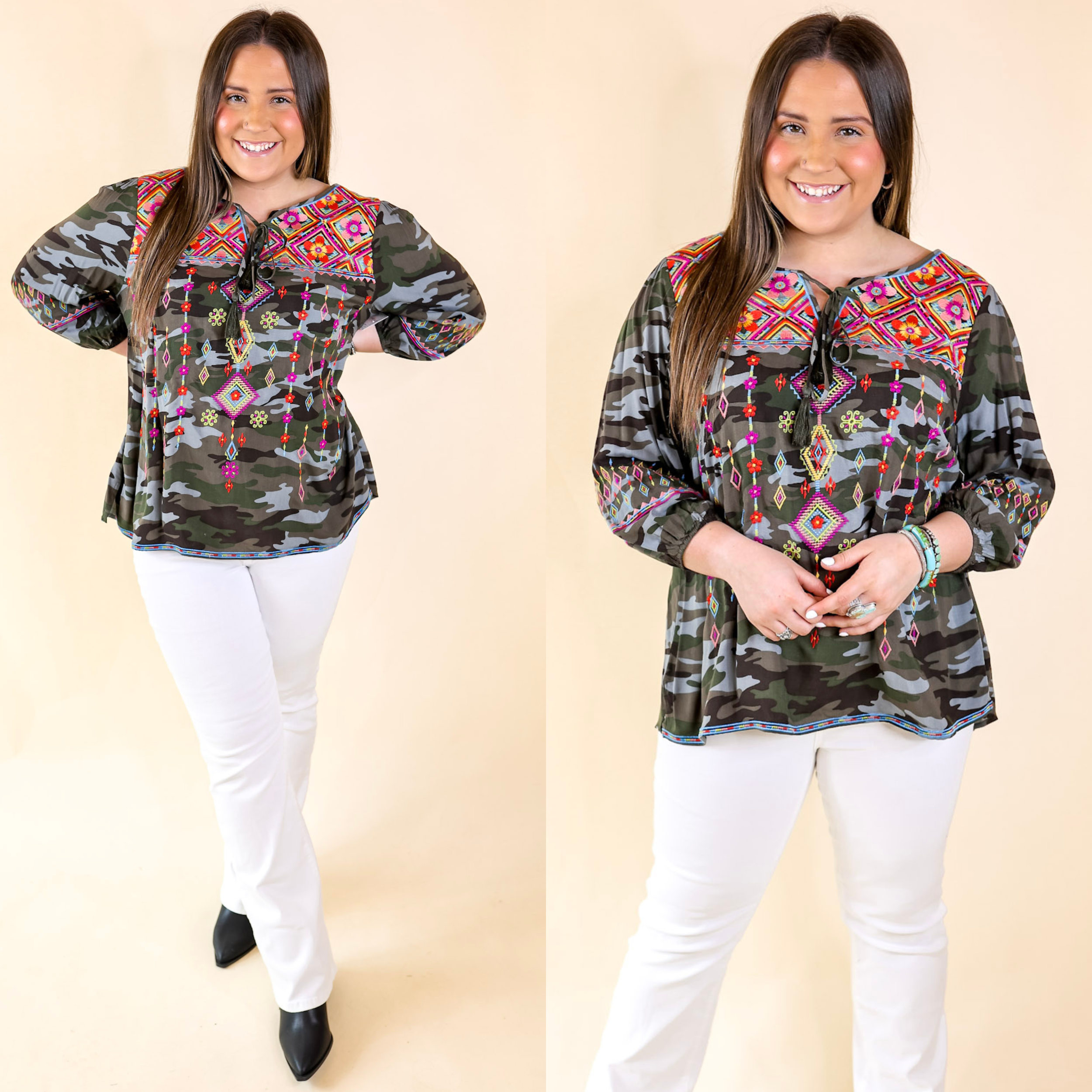 Image of Nature Walk 3/4 Sleeve Embroidered Keyhole Top in Camouflage
