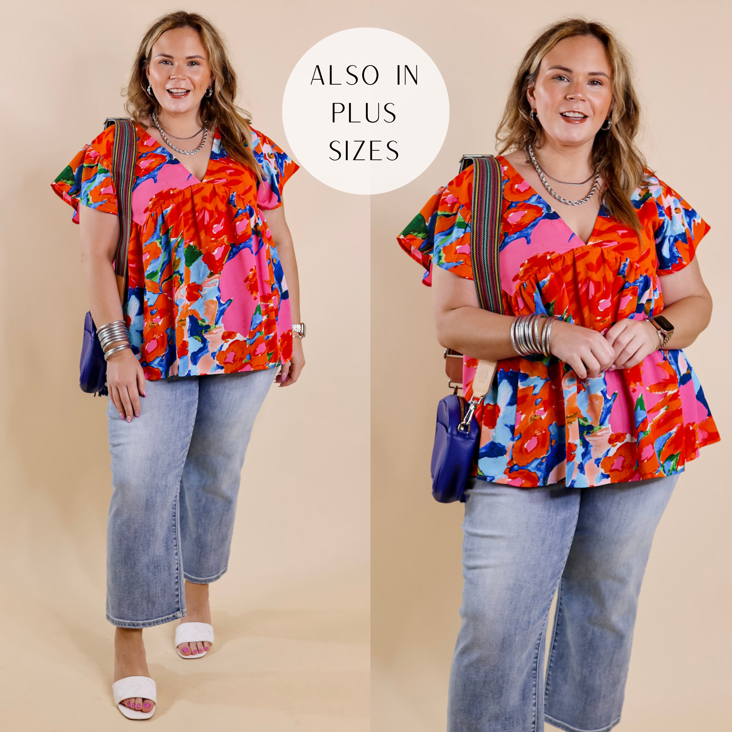 Image of You Had Me At Aloha Watercolor Floral Top with V Neckline in Orange Mix