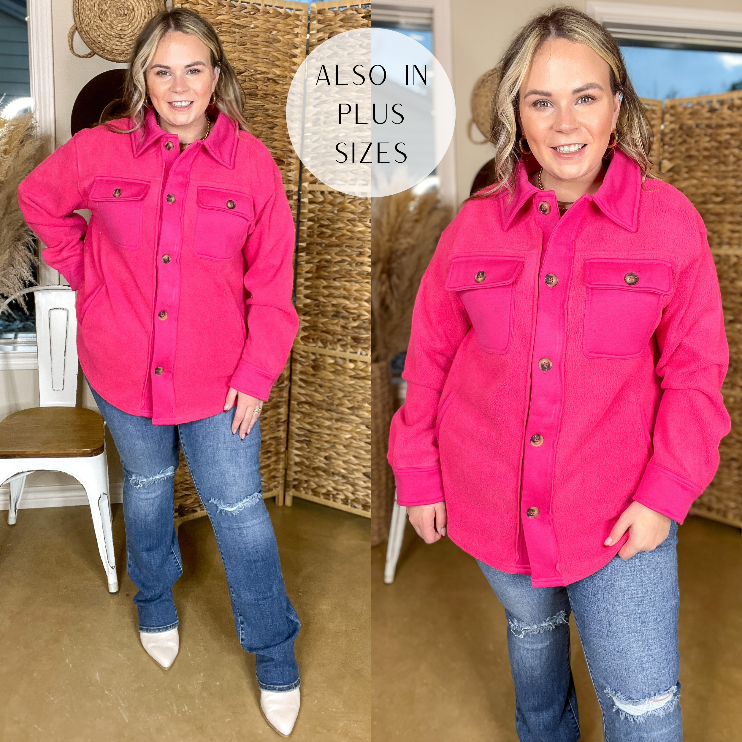 Image of Hollywood Hike Button Up Fleece Jacket with Pockets in Hot Pink