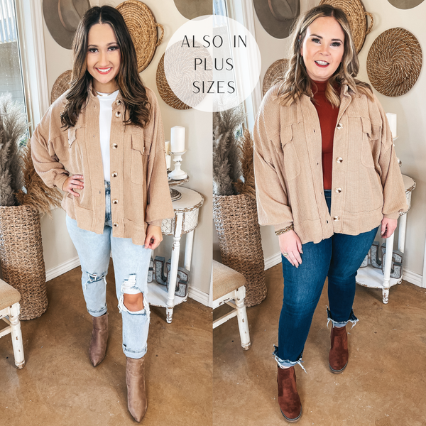 Models are wearing a tan button up top that is a waffle knit material. Size small model has it open over a white bodysuit, white wash jeans, taupe booties, and gold jewelry. Size large model has it open over a rust bodysuit, dark wash jeans, brown booties, and gold jewelry.