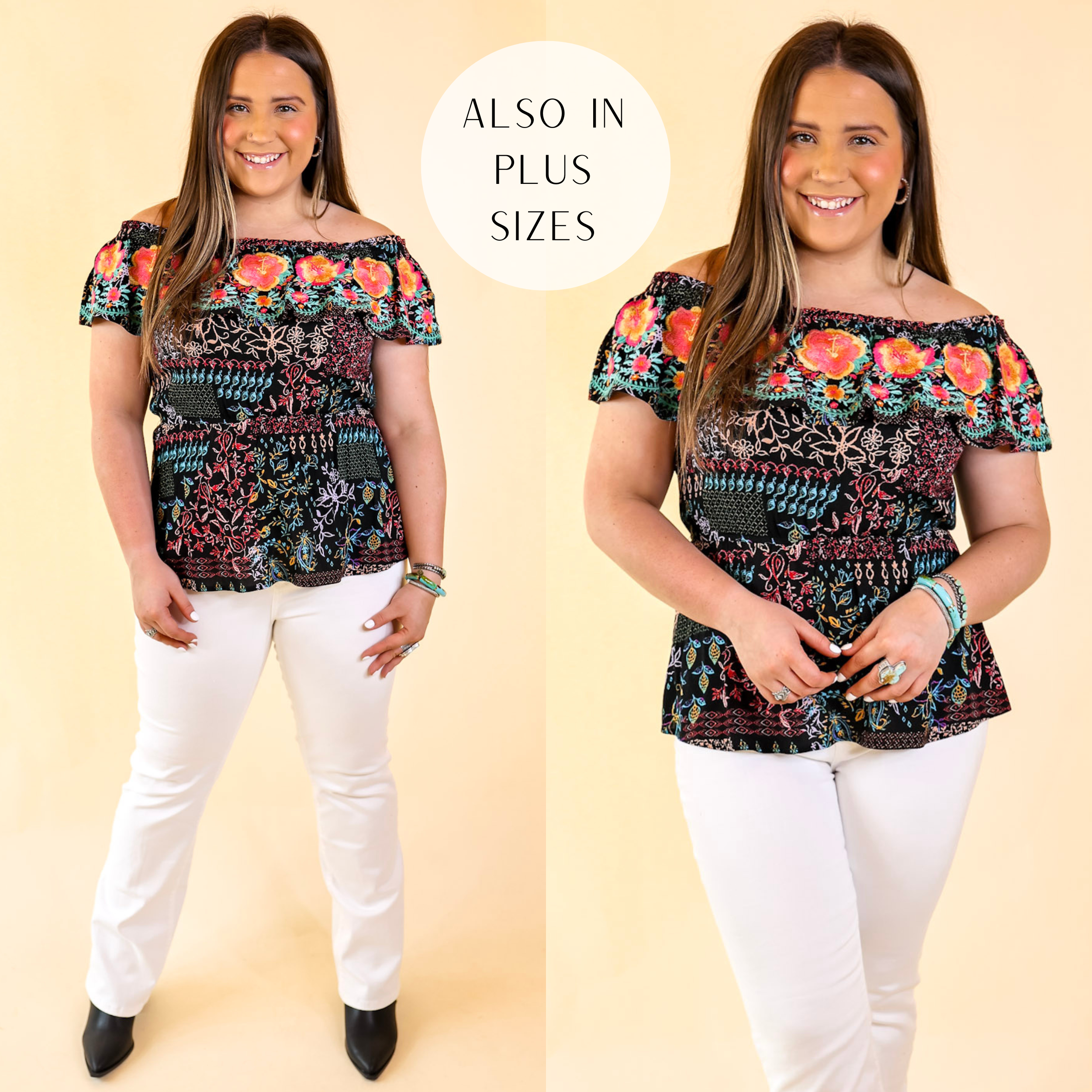 Image of SanFran Sunshine Floral Embroidered Off the Shoulder Top with Peplum Waist in Black