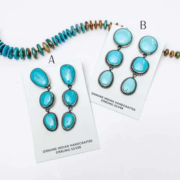 Sheryl Martinez | Navajo Handmade Sterling Silver Circle Drop Earrings with Three Kingman Turquoise Stones