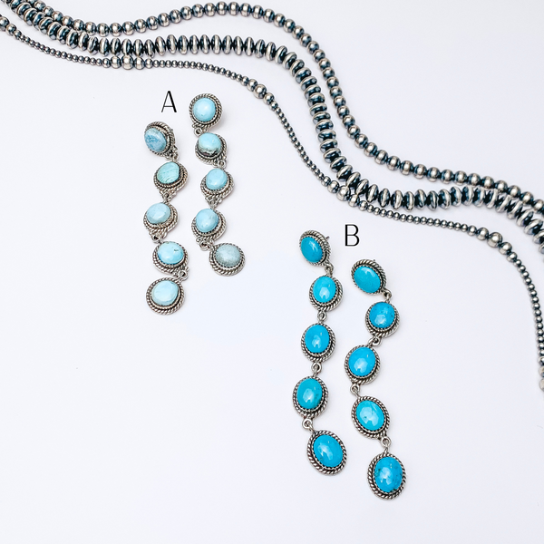 Tim Vandever | Navajo Handmade Sterling Silver Circle Drop Earrings with Five Golden Hills Turquoise Stones