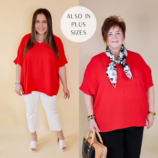 Plus Sizes | Try To Resist Short Sleeve V Neck Top with Front Pocket in Red