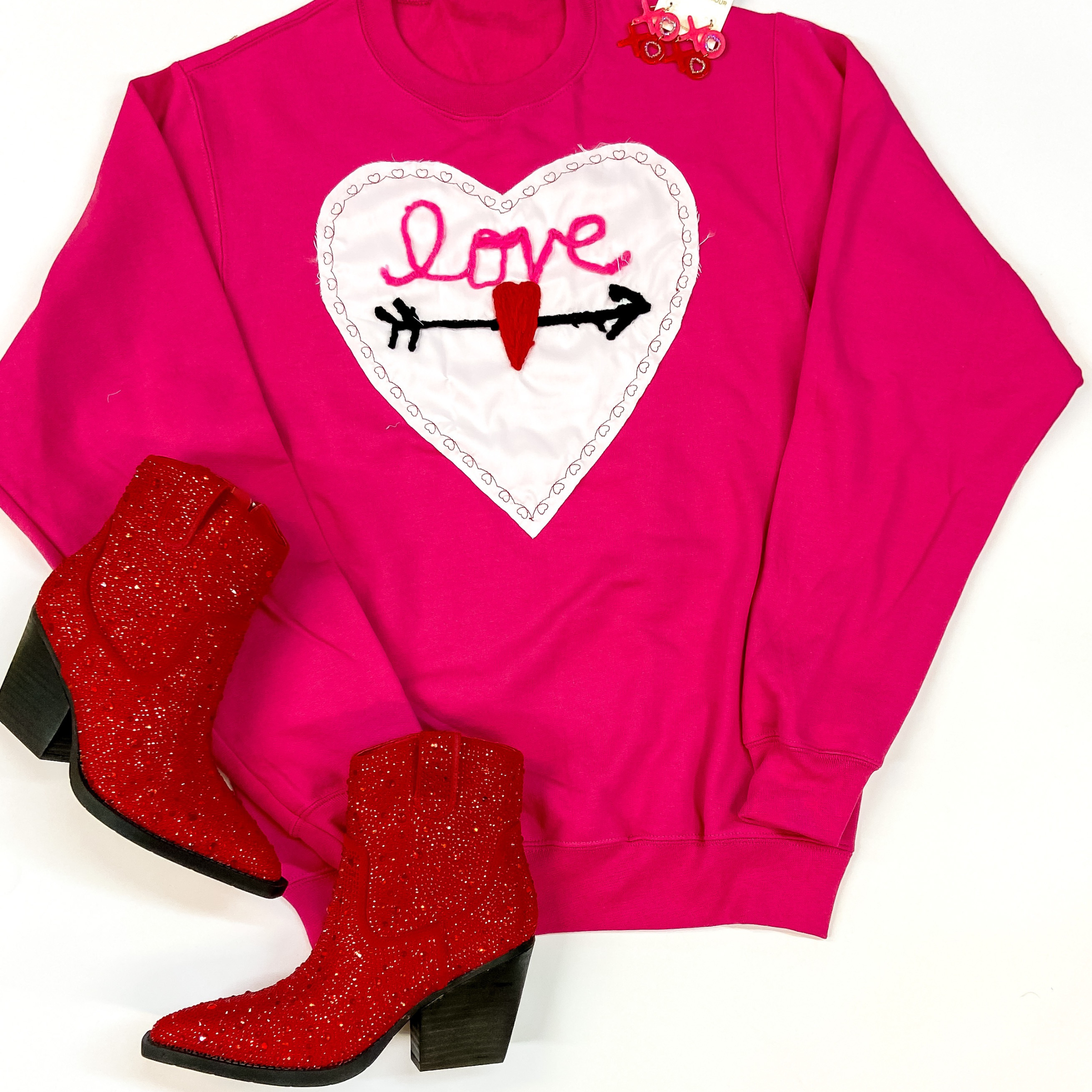 Image of Love Patch Heart long Sleeve Graphic Sweatshirt in Hot Pink
