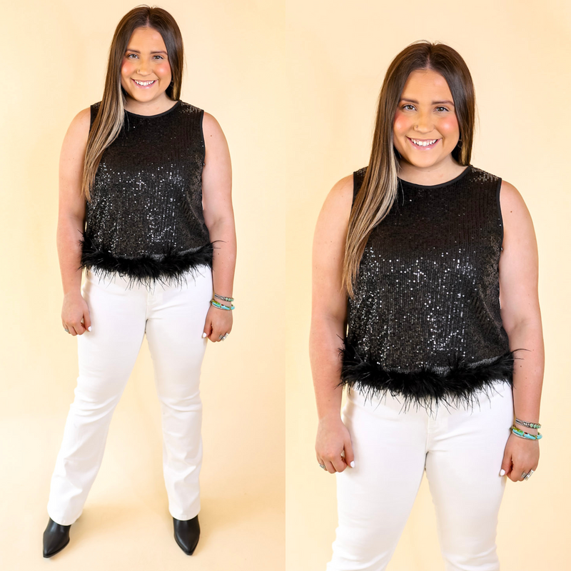 Causing Compliments Sequin Tank Top with Feather Trim in Black