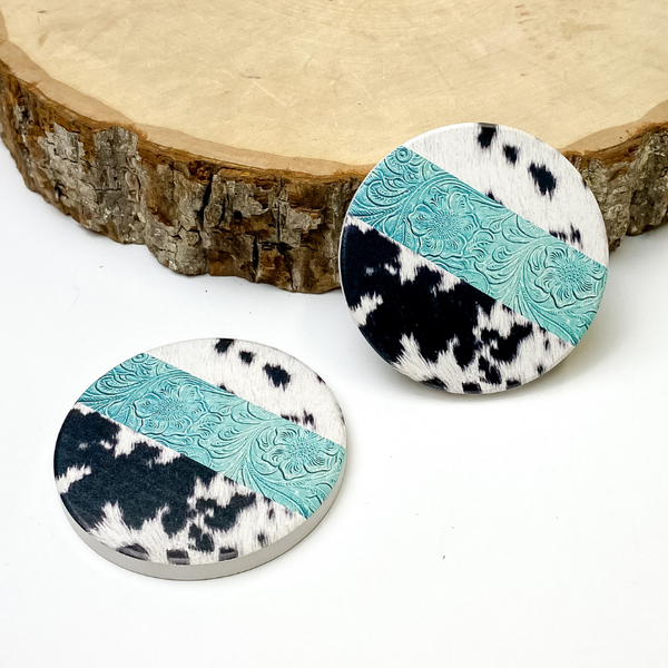 Set of Two | Turquoise Tooled & Cow Print Car Coasters