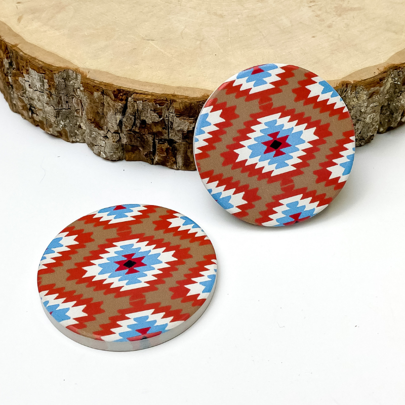 Set of Two | Tribal Print Car Coasters in Tan & Red