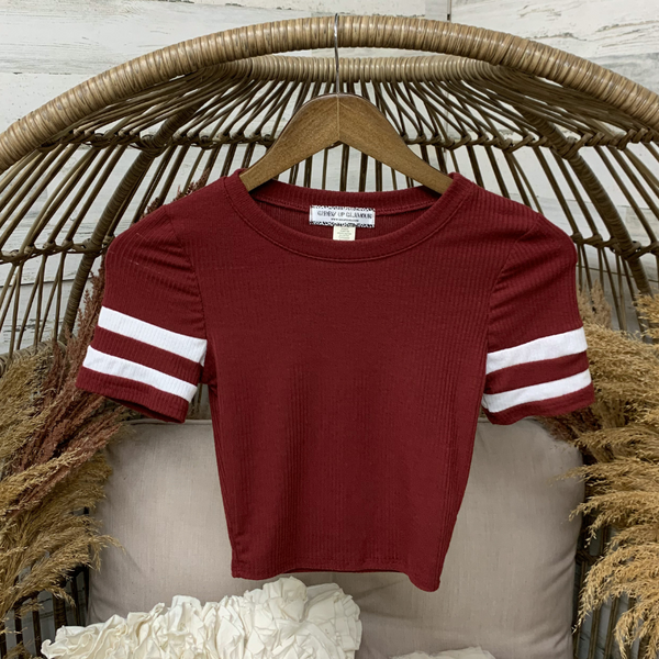 Varsity Girl Ribbed Jersey Crop Top in Maroon