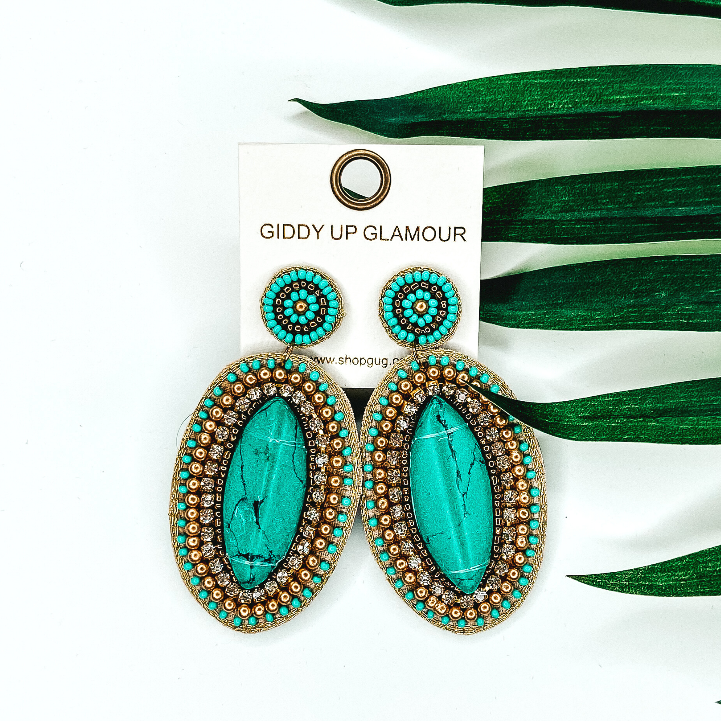 Image of Large Oval Beaded Statement Earrings with Turquoise Stone