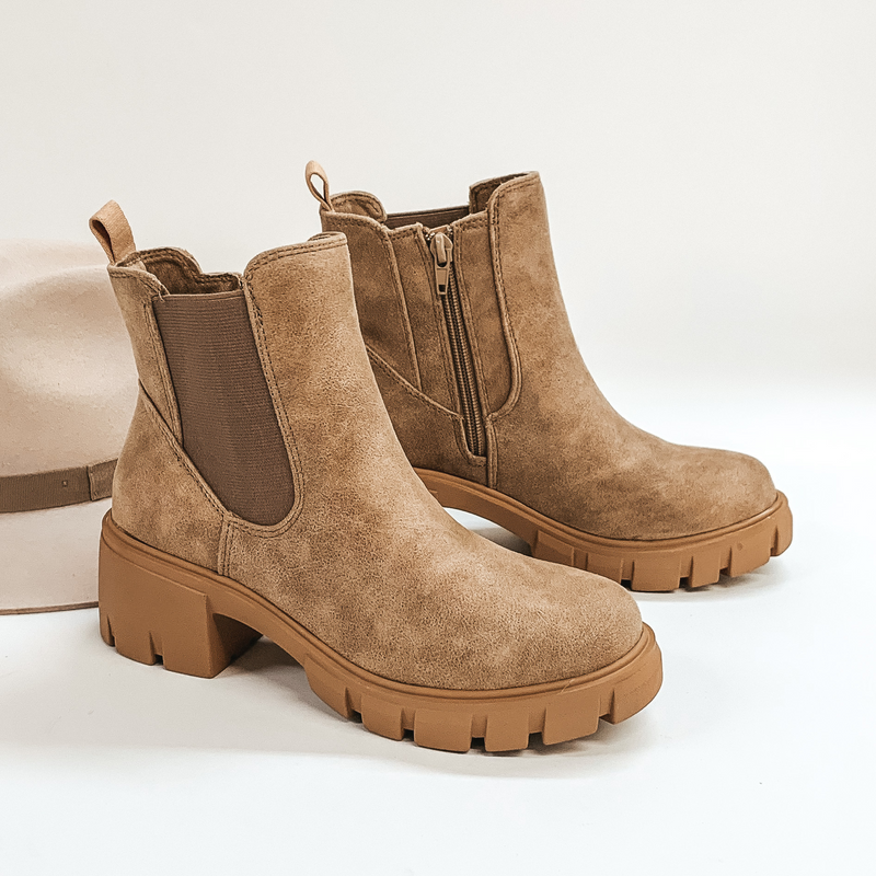 Very G | Coffee Shop Date Heeled Booties in Taupe