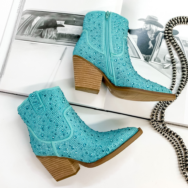 Very G | Kady Rhinestone Cowboy Booties in Turquoise