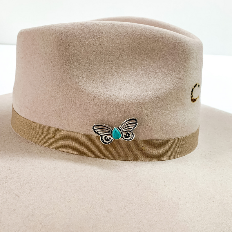 Butterfly Hat Pin with a Teardrop Turquoise Stone in Silver Tone
