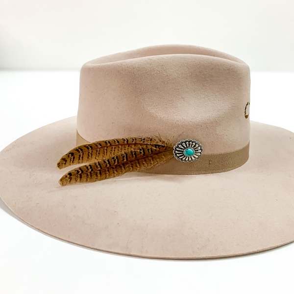 Silver Tone Oval Concho and Two Small Feathers Hat Pin with Turquoise Stone