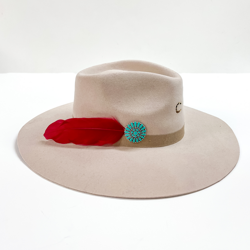 Turquoise Concho and Red Feather Hat Pin