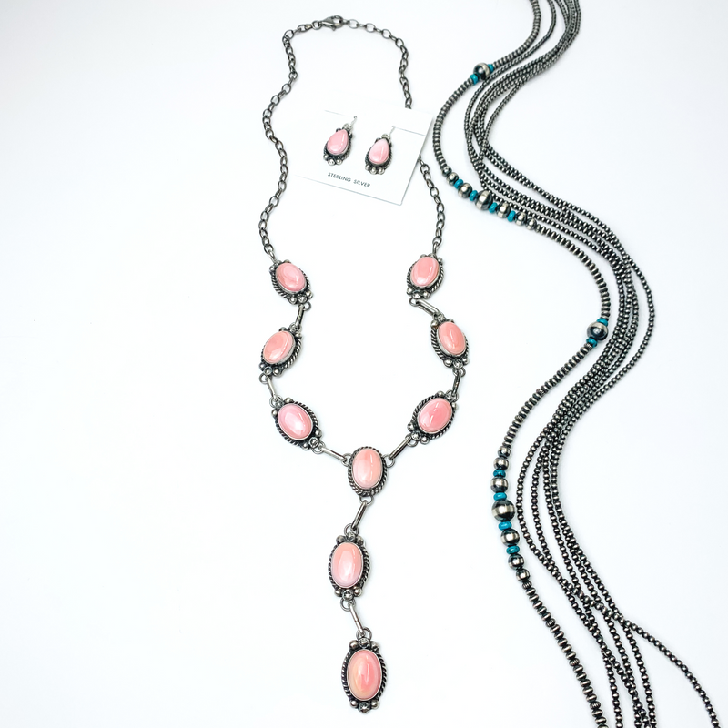 Augustine Largo | Navajo Handmade Sterling Silver & Pink Conch Stones Lariat Necklace + Matching Earrings
