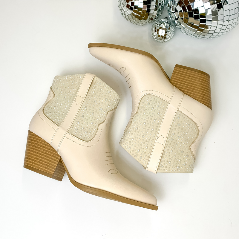 Runaway Bride Heeled Ankle Booties with White Pearl Embellishment in Ivory