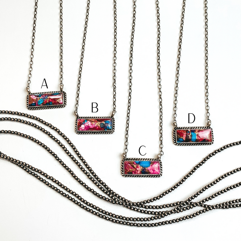 Augustine Largo | Navajo Handmade Sterling Silver Chain Necklace with Pink Mojave and Turquoise Remix Bar