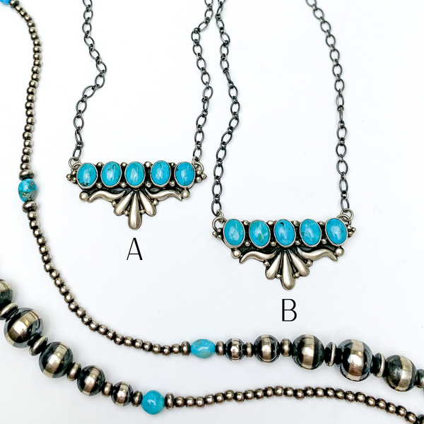 E Richards | Navajo Handmade Sterling Silver Chain Necklace with Silverwork and 5 Turquoise Stones