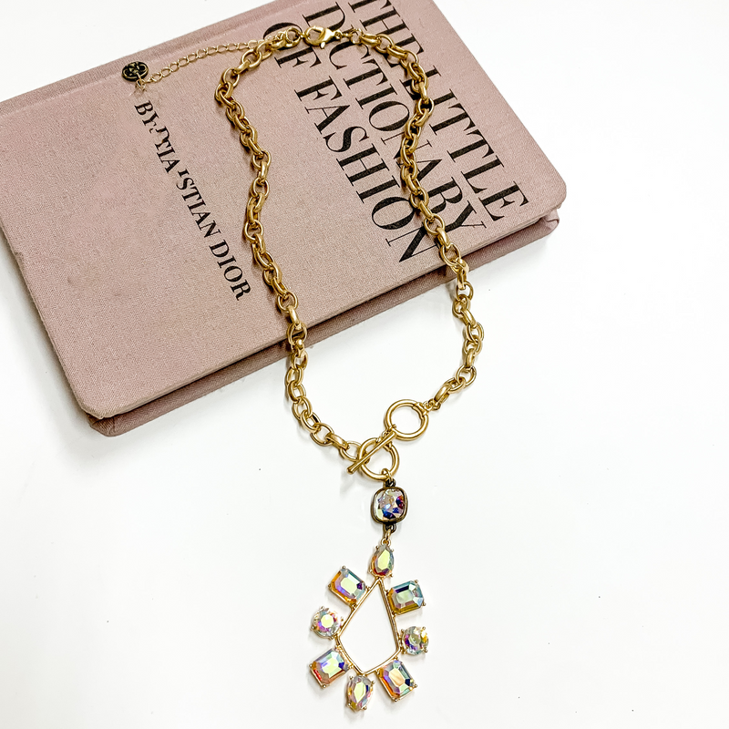 Pink Panache | Gold Tone Chain Necklace with a AB Crystal Drop and Crystal Teardrop Pendant