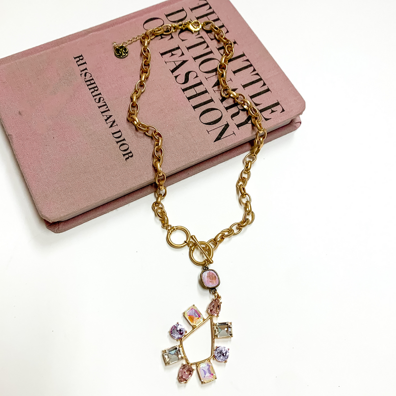 Pink Panache | Gold Tone Chain Necklace with a Lavender Crystal Drop and Multicolor Crystal Teardrop Pendant