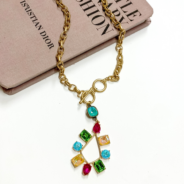 Pink Panache | Gold Tone Chain Necklace with a Laguna Delight Crystal Drop and Multicolor Crystal Teardrop Pendant