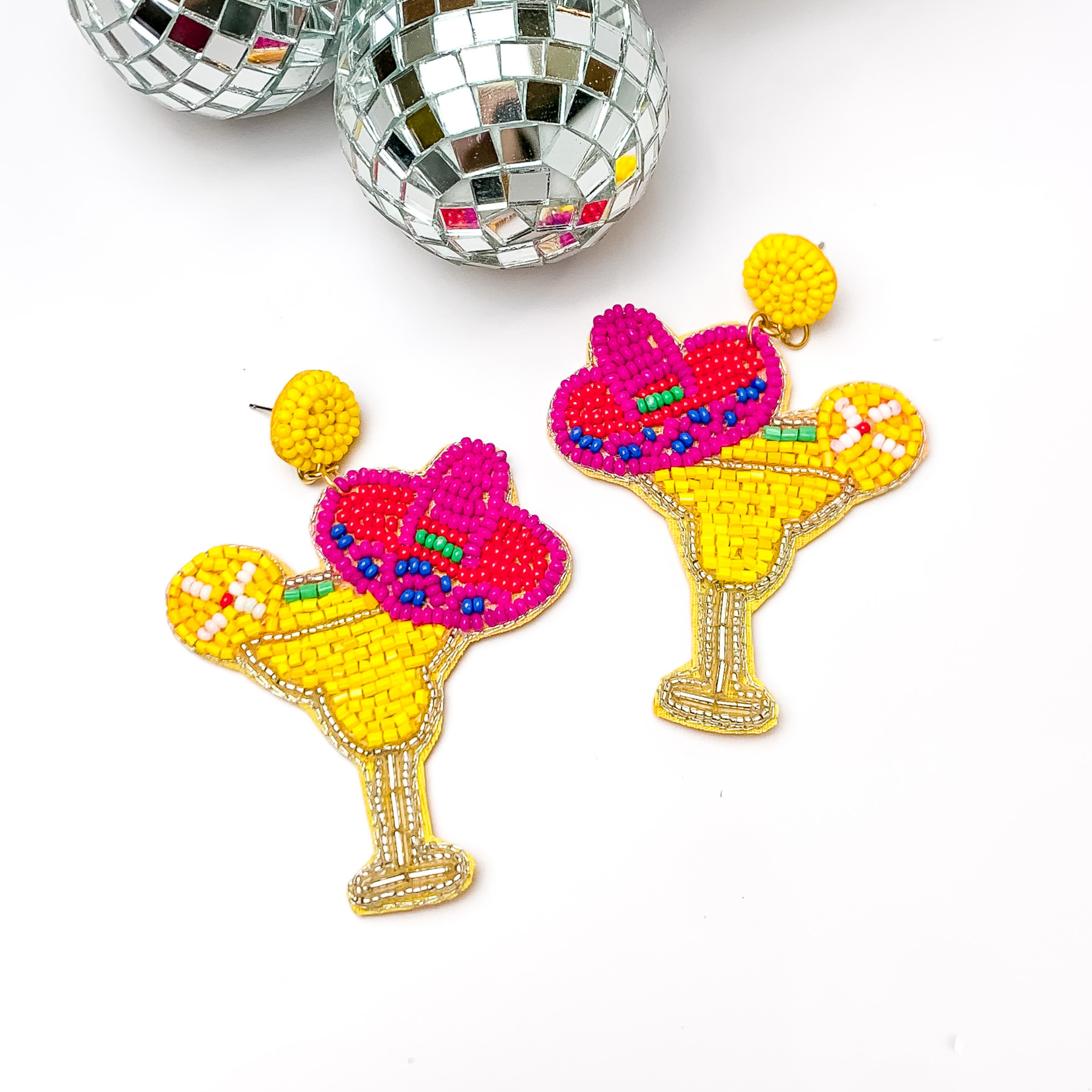Image of Cocktail Glass in Yellow with a Sombrero Hat Earrings