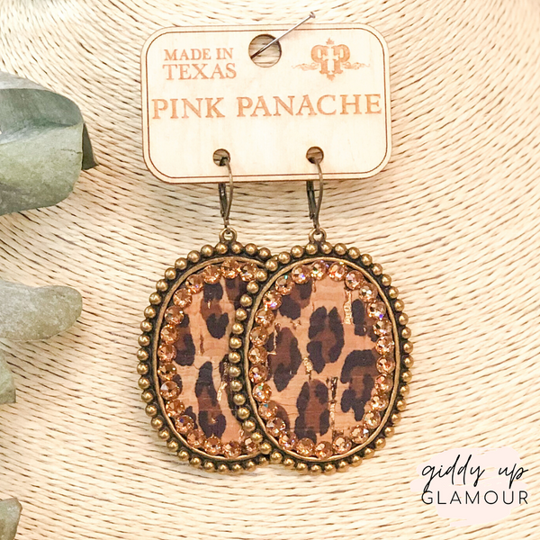 Pink Panache Bronze Oval Earrings with Leopard Print Inlay and Topaz Crystals