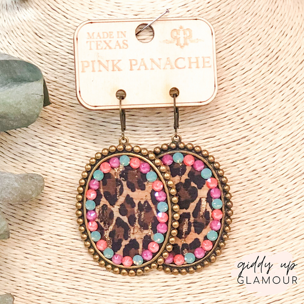 Pink Panache Bronze Oval Earrings with Leopard Print Inlay and Multi Crystals
