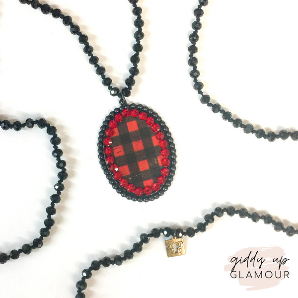 Pink Panache Long Black Necklace with Large Black Matte Oval with Buffalo Plaid and Red Crystals