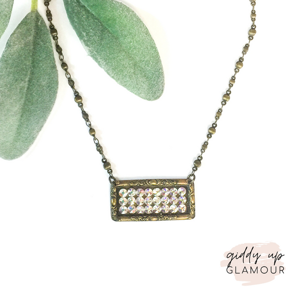 Pink Panache | Bronze Rectangle Chain Link Necklace with AB Crystals