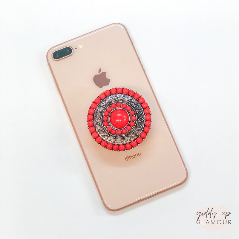 Round Concho Phone Grip with Red Stones