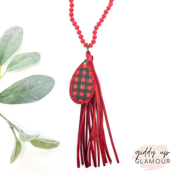 Pink Panache Long Black Crystal Tassel Necklace with Buffalo Plaid Teardrop and Red Crystals