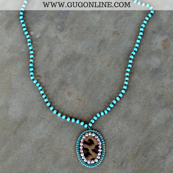 Pink Panache Long Turquoise Necklace with Large Turquoise Oval with Leopard and AB Crystals