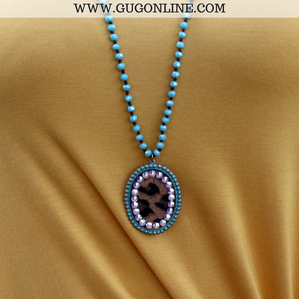 Pink Panache Long Turquoise Necklace with Large Turquoise Oval with Leopard and AB Crystals