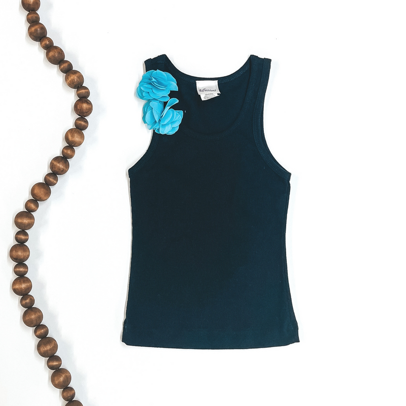 Last Chance Size Kid's 6 | Children's | Black Ribbed Tank Top with Turquoise Flowers