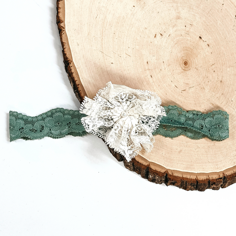 Last Chance | Sage Green Lace Headband with White Lace Flower